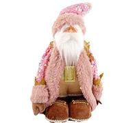 Statua Pupazzo Babbo Natale ROSA Glitter con Pelliccia LANA Cipria Decorativo Classico con Abito PAILLETTES cintura e ricami oro Gnomo nordico Decorazione natalizia (35 cm)