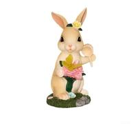 Statua solare a forma di coniglio, altezza 23 cm, con luce spenta | Resina resistente alle intemperie, grigio per finitura beige, per uso esterno durevole, motivo coniglio farfalla