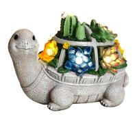 Statua solare da giardino a forma di tartaruga con piante grasse e cactus, 23 cm, in resina, effetto pietra, decorazione per prato, statua di tartaruga, luce LED colorata, accensione e spegnimento