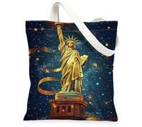 Statua Tela Tote Bag per le donne, Festivo Elegante Stelle Nastri Indipendenza Oro Lavabile Riutilizzabile Piccole Borse Tote Idee f, Oro, 13x15 Inch, Statua