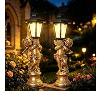 Statue da Giardino a Forma di Angelo, 2 Angelo Custode con Lanterna Solare | Lanterna Vintage con Accensione Automatica, Scultura Impermeabile IP44, Regalo per Prato, Patio e Portico(Metallic)