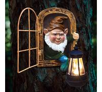 Statue da giardino fatate a forma di gnomi, lanterna solare - Halloween elfo fuori dalla porta, statuette per recinzioni, pareti, cortili, decorazione per la casa, scultura per esterni, decorazione