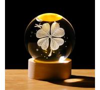Statuetta a forma di quadrifoglio 3D in cristallo, 6 cm, regalo di buona fortuna per donne, per compleanno, piante in vetro per stanza, con base luminosa in legno, souvenir portafortuna per lui,