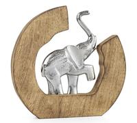 Statuetta decorativa a forma di elefante in alluminio con ferro di cavallo, cornice in legno di mango, ca. 24 x 3,5 x 23 cm, moderna figura di animali portafortuna, accessorio per la casa, decorazione