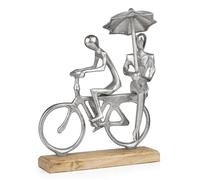 Statuetta decorativa coppia su bicicletta con ombrello, moderna scultura in alluminio su base in legno, altezza 30 cm, simbolo di amore, coesione e tempo libero, decorazione elegante