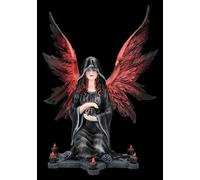 Statuetta di angelo gotico con sfera di cristallo e pentagramma, 24 cm, rose viola, candele, abito nero, decorazione elfo