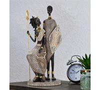 Statuetta di coppia di indigeni con lancia e scudo. TRIBAL MASAI FAMILY dimensioni 16,5x11,5x h 28 cm colore dorato multicolor