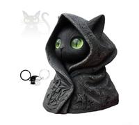 Statuetta di gatto nero con cappuccio fatta a mano con occhi di smeraldo in resina gotica, decorazione di Halloween da 8 cm per libreria, spazio di meditazione o esposizione stagionale, da collezione