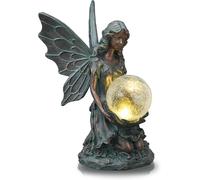Statuetta Fata da Giardino con Luci LED Solari in Resina Effetto Bronzo 33 cm