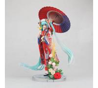 Statuetta Hatsune Miku Vocaloid tenuta kimono giapponese elegante e ombrello