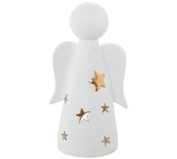Statuetta portacandele di un angelo di ceramica in bianco e oro 16x13x31 cm
