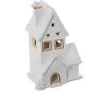 Statuetta portacandele di una casa in ceramica in bianco e oro 20x15x32 cm