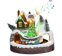 Statuette del villaggio di Natale con trenino che gira e albero di Natale in resina. Casa del villaggio di con musica e luce a LED per decorazioni per la casa, 1