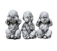 Statuette in pietra, set da 3 pezzi, soggetti: Budda / monaci "non vedo, non sento, non parlo”, resistenti al gelo fino a -30 °C, in grès porcellanato massiccio