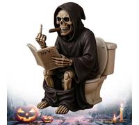 Statuina divertente per il mietitore del WC, divertente statuetta del mietitore del dito medio, statuetta gotica 2025, statuetta di scheletro gotico per Halloween, divertente decorazione per la casa e
