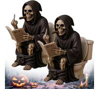 Statuina divertente per il mietitore del WC, divertente statuetta del mietitore del dito medio, statuetta gotica 2025, statuetta di scheletro gotico per Halloween, divertente decorazione per la