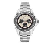Stauer Spartan - Orologio automatico da uomo, cassa in acciaio inox da 46 mm, movimento a 22 gioielli, quadrante bianco con lunetta nera, contatori giornaliero-data-24 ore, Cassa in acciaio inox con
