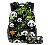 Stay Ahead of The Trend, zaino con astuccio per ragazzi e ragazze, con simpatico panda in stile cartone animato, Multicolore, B:29.4x20x40cm P:19x7.5x3.8cm, Zaini Daypack
