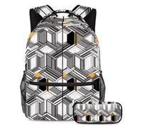 Stay cool e organizzato, zaino con astuccio set per ragazzi ragazze adolescenti, oro argento quadrato geometrico, Multicolore, B:29.4x20x40cm P:19x7.5x3.8cm, Zaini Daypack