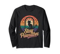 Stay Pawsitive Cat Retro Tramonto Design Maglia a Manica