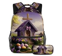 Stay Stylish at Schoolbag, set di 2 zaini per ragazzi, ragazze e adolescenti, borsa da viaggio ideale per libri, casa con croce pasquale viola, Multicolore, B：29.4x20x40cm P：19x7.5x3.8cm, Zaini
