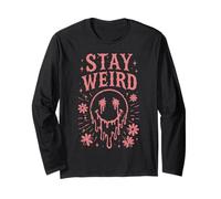 Stay Weird Face Retro Groovy Floreale Rosa Maglia a Manica