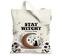 Stay Witchy Celestial Cat Quote Crescent Moon Borsa Tote in Tela 33x38 cm | Illustrazione bohémien, tema gatto celeste, accenti floreali botanici, trasporto quotidiano, estetica mistica