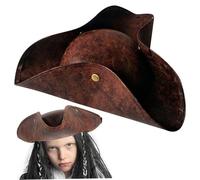 StaZamor Cappello da pirata tricorno in ecopelle marrone unisex con bottone di sicurezza, accessorio per costume da guerra rivoluzionaria coloniale per adulti e bambini, festa di Halloween