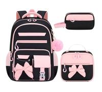 StaZamor Set di zaini per ragazze con fiocco da 3 pezzi con borsa per il pranzo e astuccio, borsa per libri per adolescenti carina per la scuola materna elementare e media, set scolastico nero