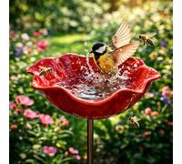 Stazione Di Abbeverata Per Api in Metallo A Forma Di Fiore Multicolore Per Farfalle E Uccelli Con Palo A Piantana Alimentatore Da Giardino Per Api E Farfalle Per Balcone E Terrazza (Rosso)