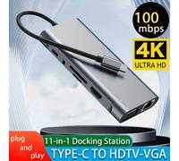 Stazione di aggancio 11 in 1 Type-C a HDTV+VGA, hub USB multiplo, tripla visualizzazione con doppio HDTV, VGA, PD, Ethernet, 3*USB, microfono/audio, lettore di schede SD/TF, compatibile con MacBook, W