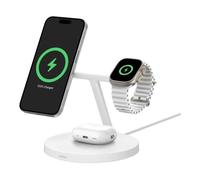 Belkin BoostCharge Caricatore 3 in 1 con Qi2, base di ricarica wireless compatibile con MagSafe, caricatore iPhone 16 series, Apple Watch e AirPods, base antiscivolo, alimentatore incluso, bianco