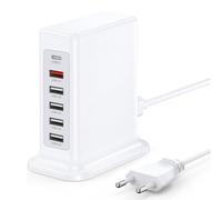 Stazione di ricarica da tavolo 55W 6-in-1, hub di ricarica intelligente USB multiporta, dotato di caricatore rapido PD e QC3.0, compatibile con iPhone/Samsung/Xiaomi e altri dispositivi USB