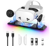 Stazione di ricarica per Meta Quest 3S/3 Kinwin Base di ricarica magnetica per accessori Oculus Quest 3S/3 con luce RGB, supporto di ricarica per auricolare VR e controller con 2 batterie ricaricabili