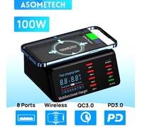 Stazione di Ricarica USB 100W 8 Porte Wireless QC3.0 PD3.0 con Schermo Digitale