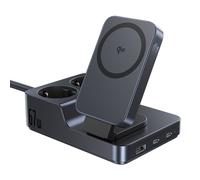 Stazione di ricarica wireless 6 in 1 con porte USB-A, USB-C e 2 prese CA, 67 W - Nera
