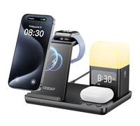Stazione di ricarica wireless 6 in 1 con sveglia e luce notturna, dock di ricarica da comodino per iPhone 17/16/15/14/13/12, Apple Watch, AirPods, Samsung Galaxy S25