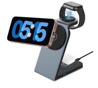 Stazione di ricarica wireless magnetica 3 in 1, 15 W, per iPhone 17/16/15/14, Pro, serie Pro Max, 3 W per Apple Watch 10/Ultra 3/SE/9/8/7/6/5/4/3/2, 5 W per AirPods (azzurro, corpo in metallo)