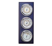 Stazione meteorologica nautica, barometro, legno laccato blu nautico 40 cm, stazione meteo interna esterna. 3 orologi, igrometro, termometro