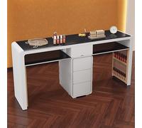 Stazione Tavolo Manicure Professionale Moderno, Legno Con Piano In Vetro, Cassetti E Vano Portaoggetti Aperto, Salone Di Bellezza Salone Di Unghie, Nero E Medicazione, Al142Cm