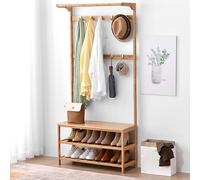 STCERY Appendiabiti Indipendente Con Panca Porta Scarpe, Appendiabiti Da Ingresso Con Ganci, Mobile Da Ingresso, Robusta Struttura In Bambù, Facile Da Montare(Wood)