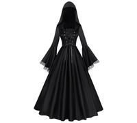Steampunk, abbigliamento da donna, gotico, con cappuccio, per il cortile vittoriano, maxi abito a tromba, medievale, abito da strega, Halloween, costume da strega, carnevale, vampiro, cosplay, Nero