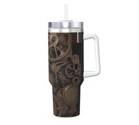 Steampunk - Bicchiere da caffè con ingranaggi meccanici, con manico e cannuccia, isolamento sottovuoto, in acciaio inox, a doppia parete, elegante, da viaggio, con supporto per tazza da caffè, base