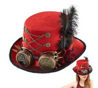 Steampunk Cappelli | 1 Occhiali Steampunk Cappello Coppa | Cappello In Feltro Nero Regolabile 57-61cm | Costume Teatro Rinascimentale Circo, Occhiali Ingranaggi Piume Inclusi,