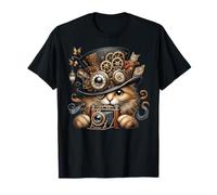 Steampunk Cat con macchina fotografica, cappello a cilindro vintage con grafica retrò Maglietta