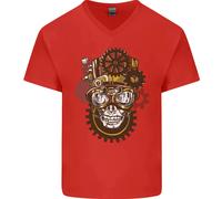 Steampunk Teschio Uomo Scollo A V T-shirt IN Cotone