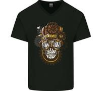 Steampunk Teschio Uomo Scollo A V T-shirt IN Cotone