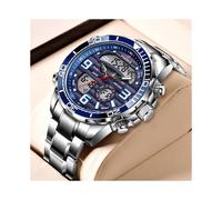 (Steel strip silver green) FOXBOX Men's Sports Watch Dual Display Digital Analog Waterproof Chronograph Fashion Wristwatch