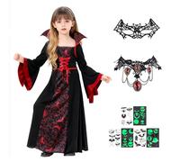 STEFUEWILL17 Costume da vampiro da ragazza alla moda per cosplay, regina vampira malvagia, strega cattiva, medievale, gotico, vintage, con collana e denti, per bambini, Halloween, 120