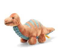 Steiff 087837 Peluche Brontosaurus, Soft Cuddly Friends, circa 28 cm, peluche di marca con bottone nell'orecchio, peluche per bambini dalla nascita, arancione scuro e petrolio